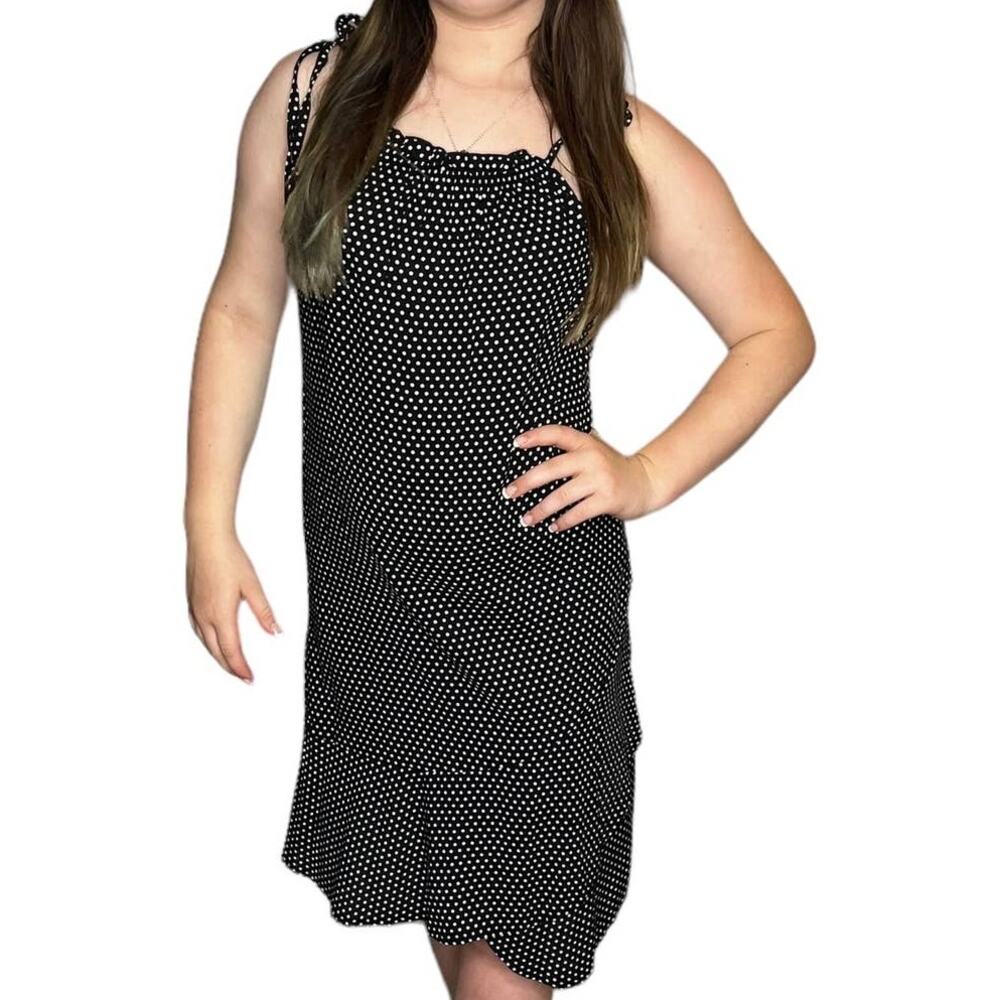 OOTN Black White Sun Dress Polka Dot Women's Size Small Tie Straps Swing Style